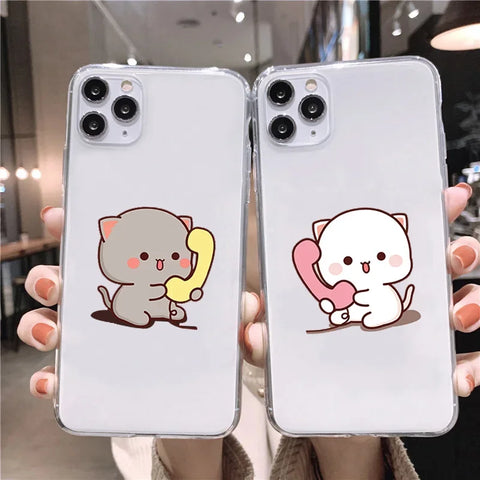 Funny Cat Couple Paired Phone Case for iPhone Cartoon Animal Clear