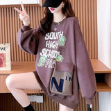 Loose Spliced Pockets Printed Letter Autumn New Casual Pullovers Asymmetrical