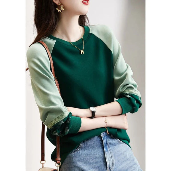 Womens Raglan Sleeve Sweater Color Block Oversized Crew Neck Casual