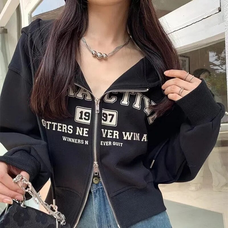 Women Hoodies American Retro Loose Long Sleeve Casual