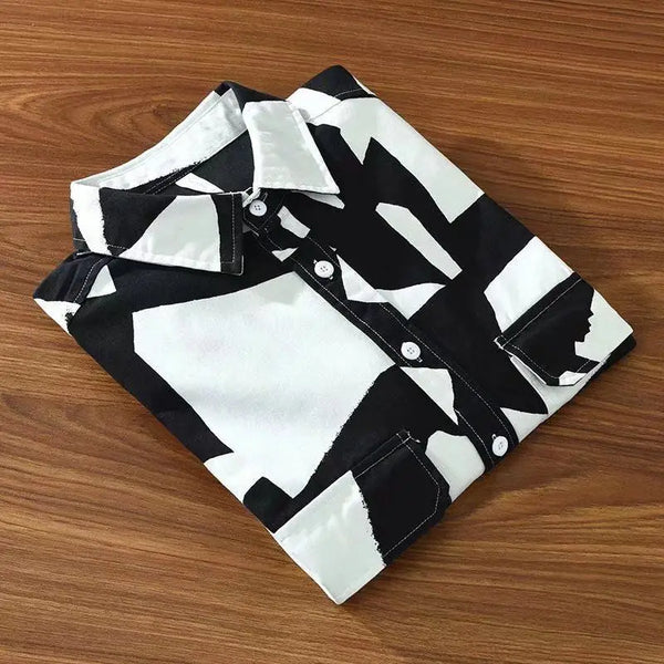 Mens Polo Collar Shirt Long Sleeve Button Up Abstract Print Casual