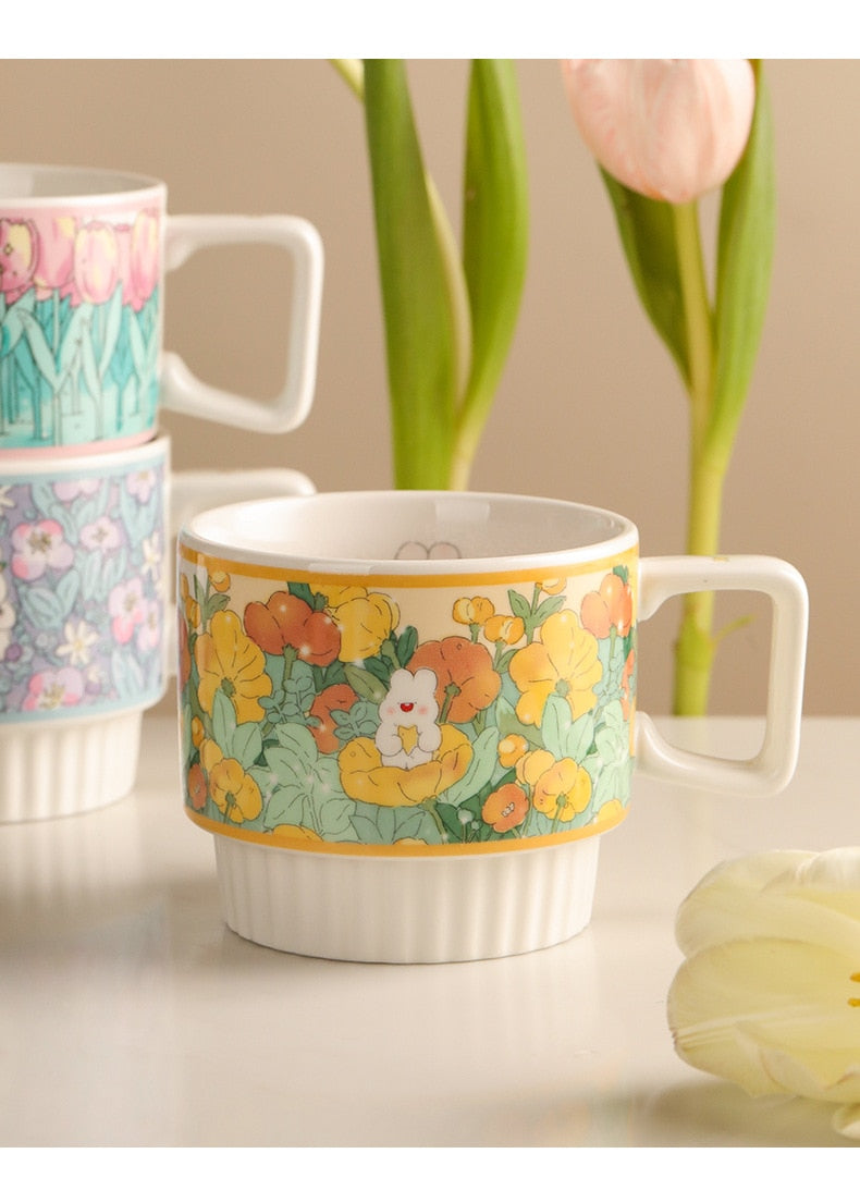 Flower Rabbit Ceramic Mug and Coaster Cute Animal Cartoon