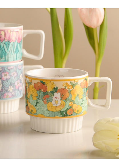 Flower Rabbit Ceramic Mug and Coaster Cute Animal Cartoon