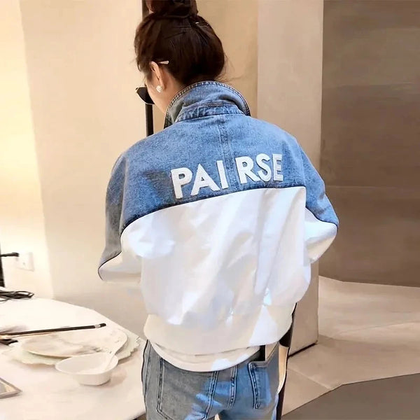 Embroidered Denim Jacket Women Short Colorblock Loose Fit Spring