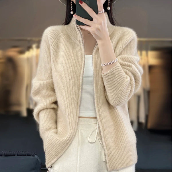 Wool Zipper Cardigan Padded Shoulder Stand Collar Women
