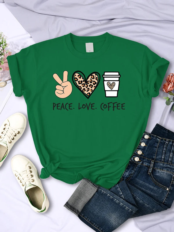 Womens Peace Love Coffee Graphic Tee Cotton O Neck Street Style Shirt