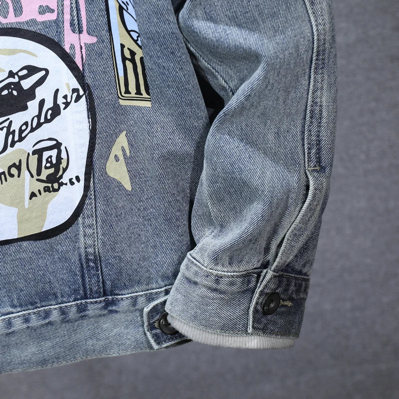 Loose Fit Cartoon Denim Jacket Men’s 2024 Retro Street Fashion