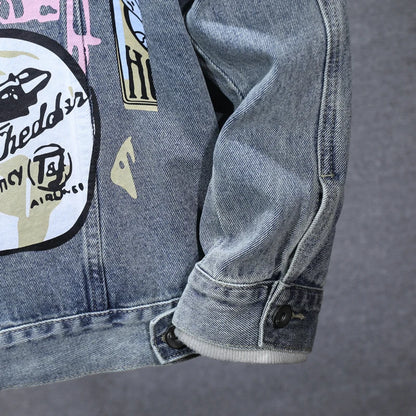 Loose Fit Cartoon Denim Jacket Men’s 2024 Retro Street Fashion