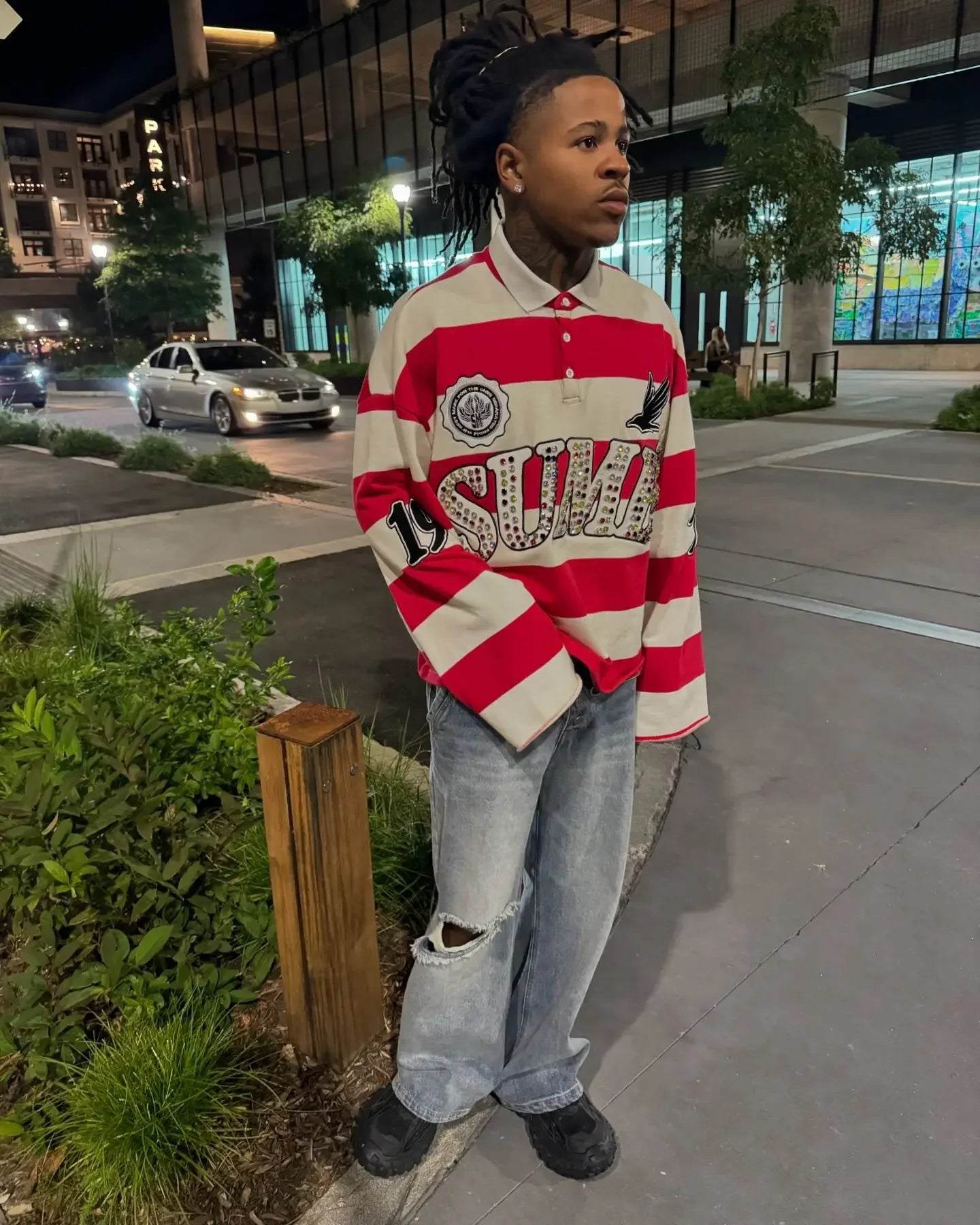 Retro Y2K Polo Shirt Men Long Sleeve Embroidery Stripe Hip Hop Top