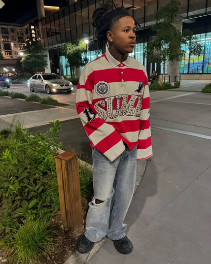 Retro Y2K Polo Shirt Men Long Sleeve Embroidery Stripe Hip Hop Top