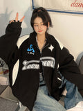 Letter Print Zipper Jacket Women American Women Oversized Korean Casual