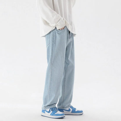 Men's Korean Casual Ankle Length Jeans Solid Wide-Leg Denim Pants