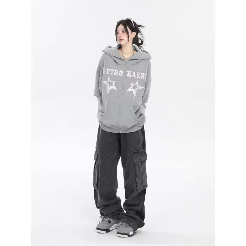 Star Letter Zip Up Sweatshirts Y2K Hoodie Streetwear Kapuzen Harajuku