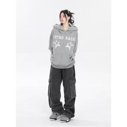 Star Letter Zip Up Sweatshirts Y2K Hoodie Streetwear Hooded Harajuku