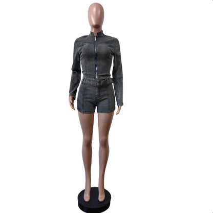 Y2K Jean Outfit Women Zip Up Jacket & Shorts Set Streetwear Style