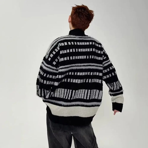 Unisex Y2K Color Block Cardigan Zip Up Retro Knit Couples Matching