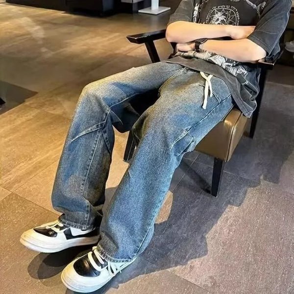 Mens Retro Denim Wide Leg Jeans Loose Straight Fit Streetwear Pants