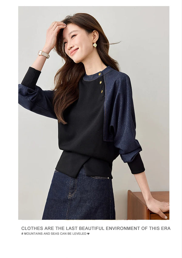 Womens Denim Sweatshirt Spring Pullover Chambray Jersey Top Casual