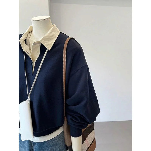 Navy Blue Layered Look Sweatshirt Women Lightweight Long Sleeve