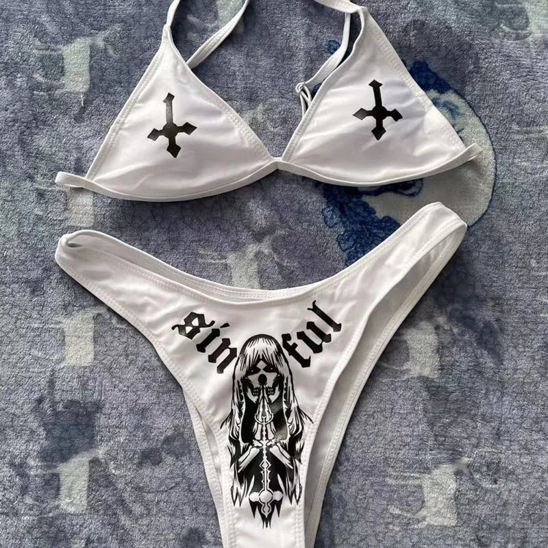 Y2K Goth Bikini Set - Sommerurlaubs-Badeanzug mit Totenkopf-Print