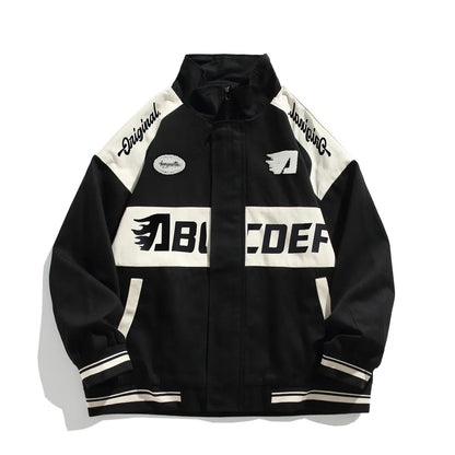 Retro Varsity Jacket Men Vintage Letter Print Baseball Patchwork