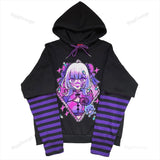 Fake Two Piece Striped Patchwork Hoodies Clothes for Teens Y2K Anime Harajuku