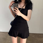 Collar Short Sleeve Slim Mini Dress Summer Korean Fashion Folds Ruffles