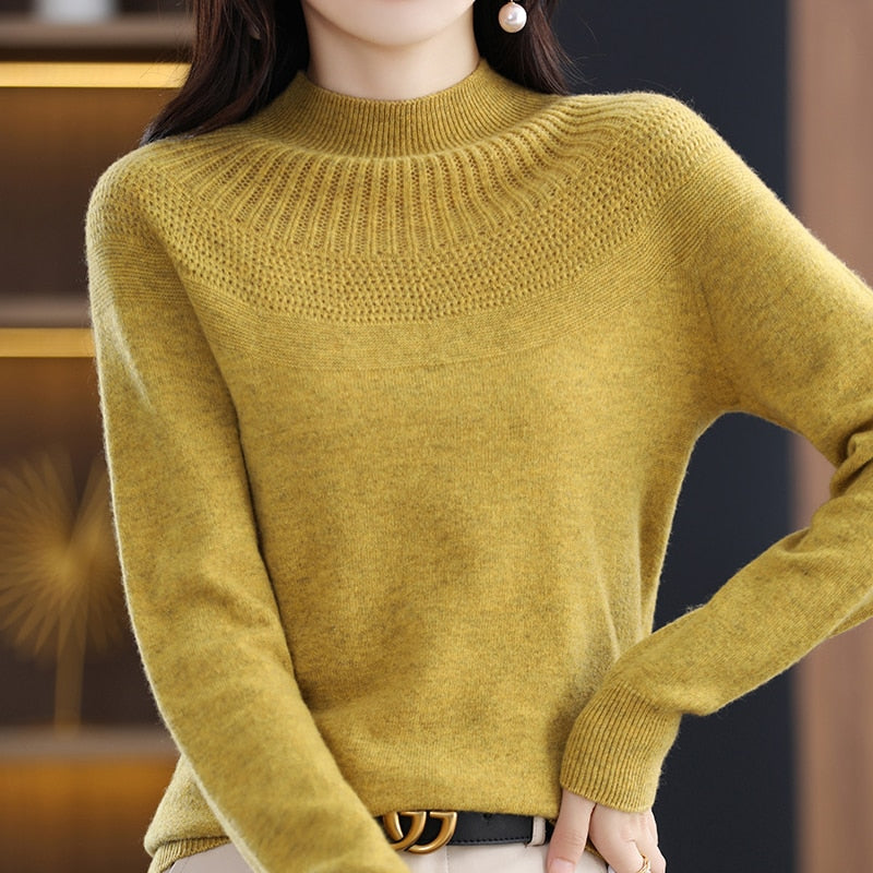 Cashmere knitting sweater high collar merino wool high collar slim soft long sleeve pullover top - xinnzy