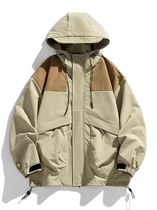 Spring Autumn Patchwork Windbreaker Men Korean Loose Hooded Jacket