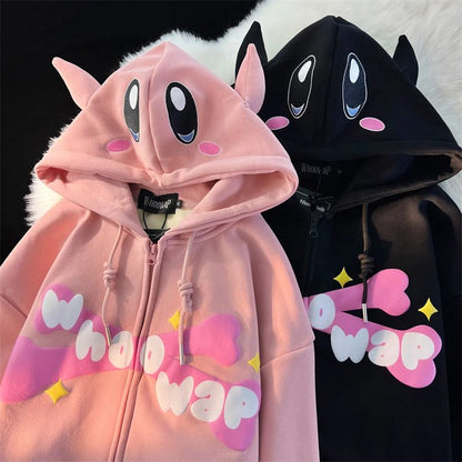 Hoodies Devil Horn Kawaii Cartoon Zip Oversized