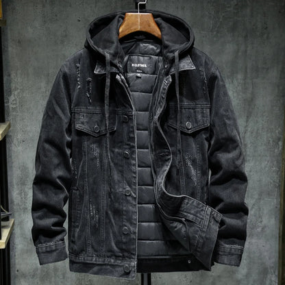 Liner Thicker Winter Black Hooded Denim Jacket Outerwear Warm Men