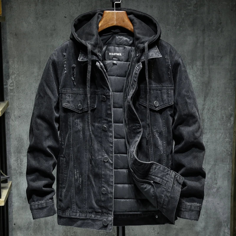 Liner Thicker Winter Black Hooded Denim Jacket Outerwear Warm Men