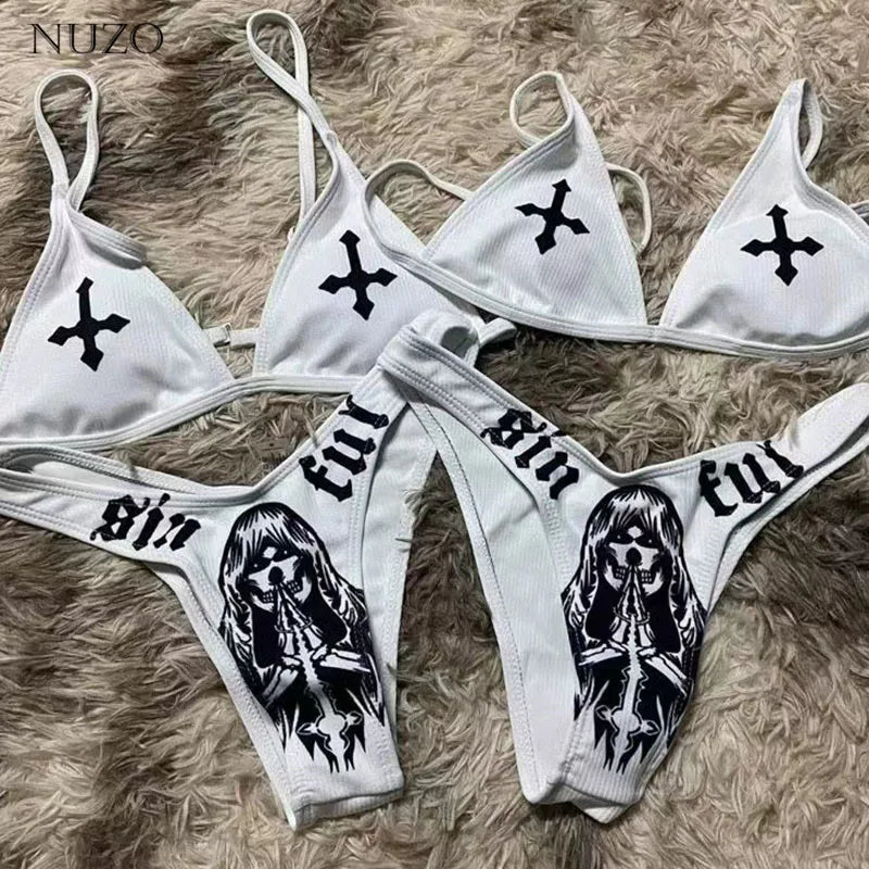 Y2K Goth Bikini Set - Sommerurlaubs-Badeanzug mit Totenkopf-Print