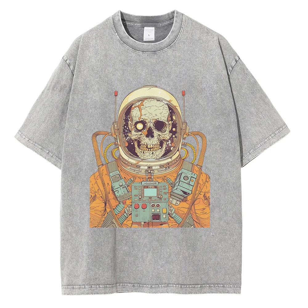 1970s Astronaut Skull Graphic T-shirt Retro Sci-Fi Print Casual Top