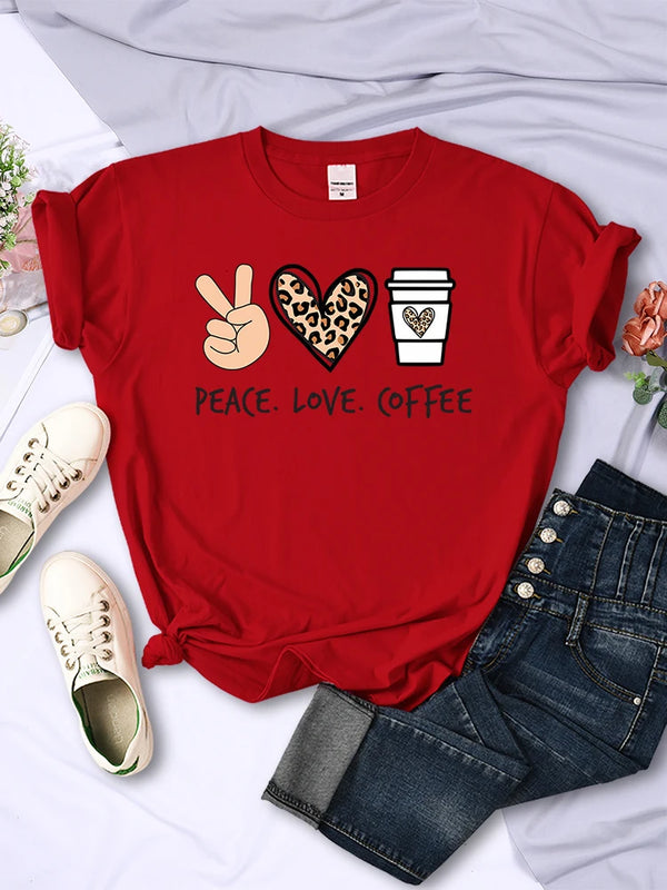 Womens Peace Love Coffee Graphic Tee Cotton O Neck Street Style Shirt