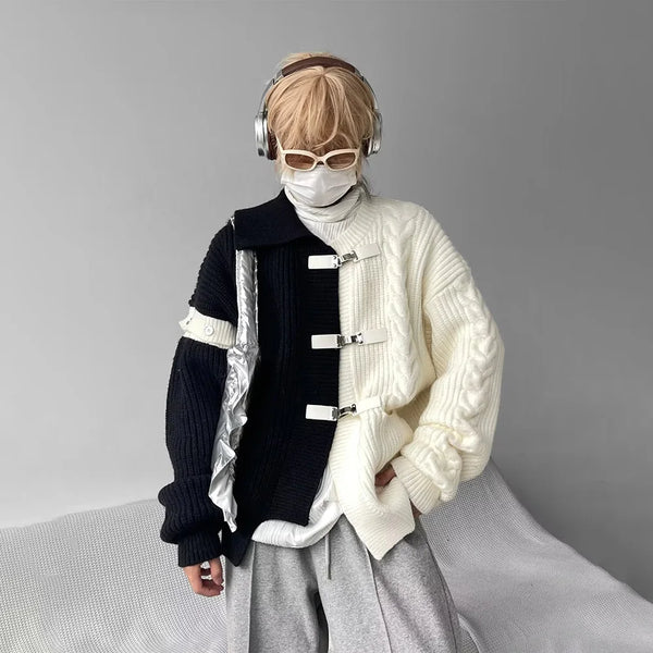 Mens Y2K Button Knit Cardigan Sweater Spliced Streetwear Jacket