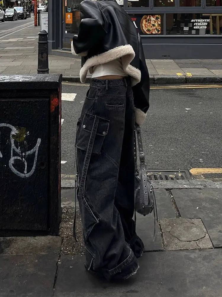 Y2K Lace Up High Waisted Wide Leg Denim Jeans