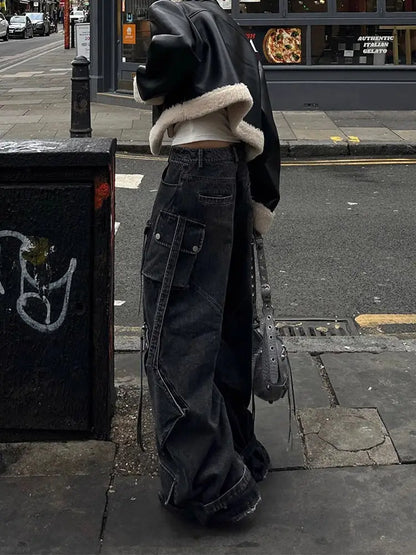 Y2K Lace Up High Waisted Wide Leg Denim Jeans