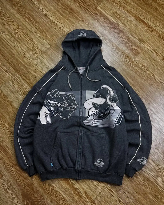 Hip Hop Graphic Zip Hoodie Men Y2K Streetwear Sweatshirt