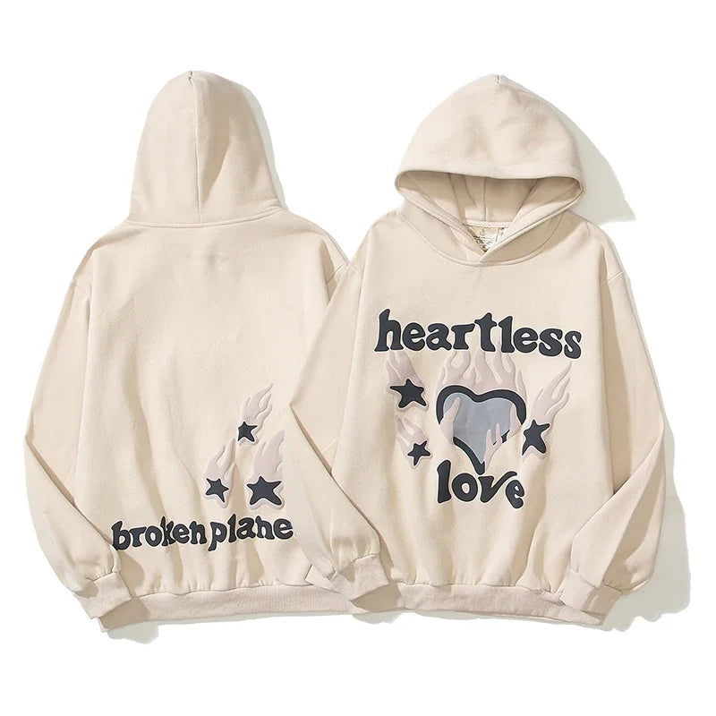 Oversized Heartless Love Hoodie Men’s Retro Puff Print Pullover