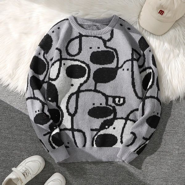 Mens Dog Print Sweater Crew Neck Double Sided Knit Pullover Casual