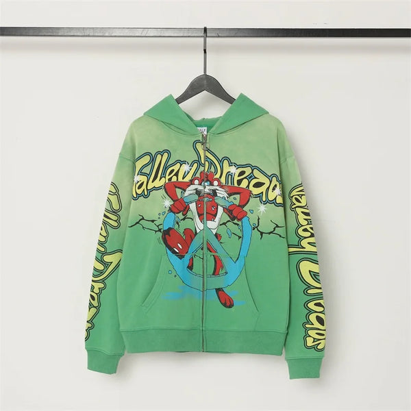 Washed Green Hoodie Unisex Zip Up Cartoon Print Sweatshirt Jacket