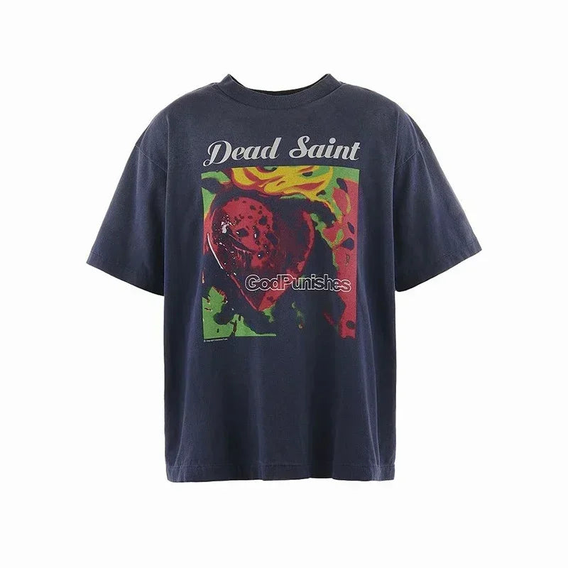 25SS Vintage Grey Saint T-Shirt Streetwear Character Logo Print Cotton