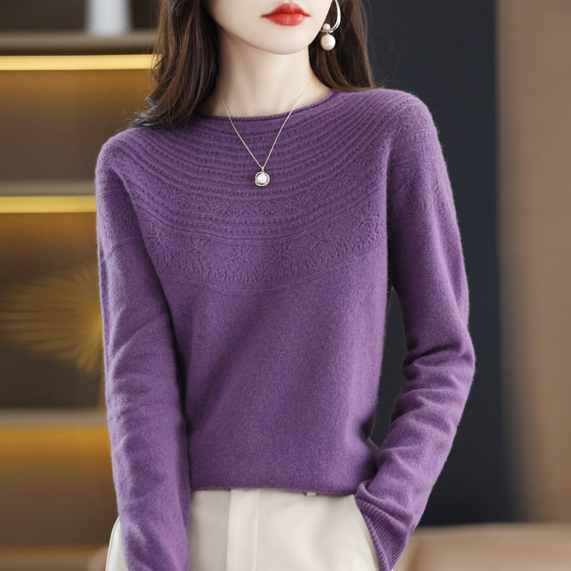 Autumn Winter New Seamless One-Line Pullover WooL Round S Neck UpperBody Hollow - xinnzy