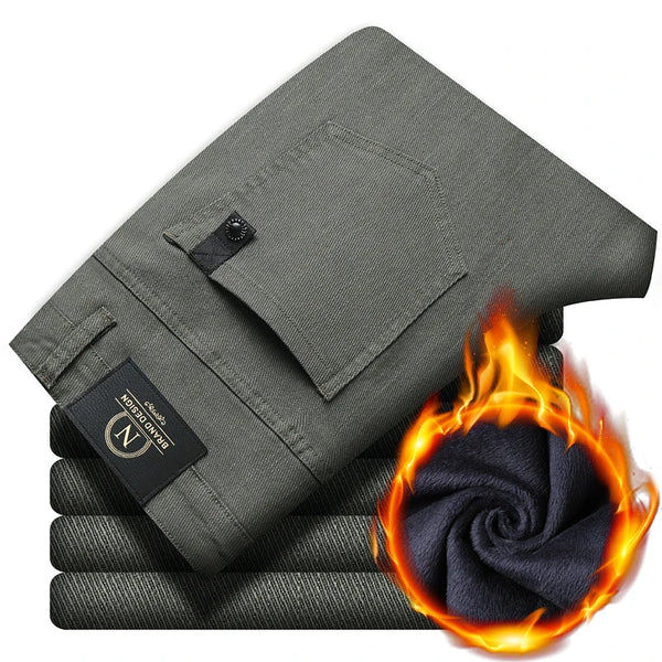 Mens Thick Fleece Lined Pants Slim Fit Winter Warm Business Casual