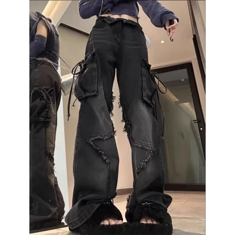 Gothic Baggy Cargo Jeans with Star Harajuku Y2k 90s Aesthetic Denim Trousers Emo 2000s