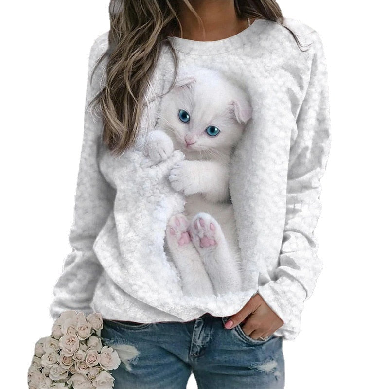 Frauen Pullover Harajuku Baumwolle Pullover Mode Katze Print Langarm Casual