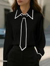 Bow Tie Blouse Women Long Sleeve Office Contrast Trim Work Shirt