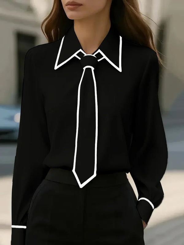 Bow Tie Blouse Women Long Sleeve Office Contrast Trim Work Shirt