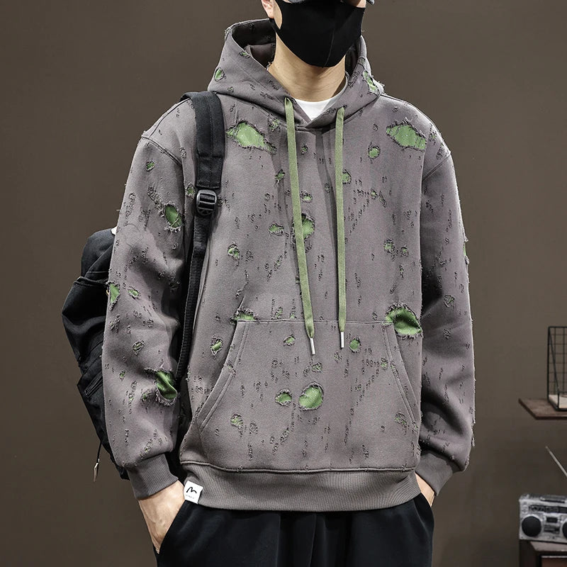 High-End Broken Hole Hoodie Men’s 2024 Oversized Fall Fashion